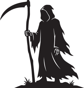 Grim reaper holding scythe in dark silhouette. Death personification with cloak and farming tool for Halloween or horror themes.