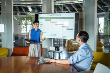 Female professional presenting project timeline in modern office meeting © Miljan Živković