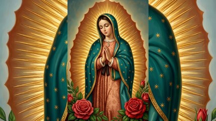 Obraz premium Iconic illustration of the Virgin Mary with a serene expression and folded hands.