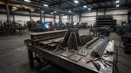 Fototapeta premium Structural steel fabrication with stacked beams, gusset plates, base plates, rebar bundles, and angle irons on a workshop bench.