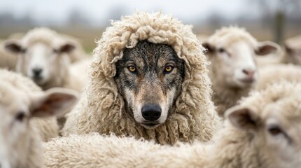 Naklejka premium A wolf in sheep's clothing disguised among a flock of sheep.