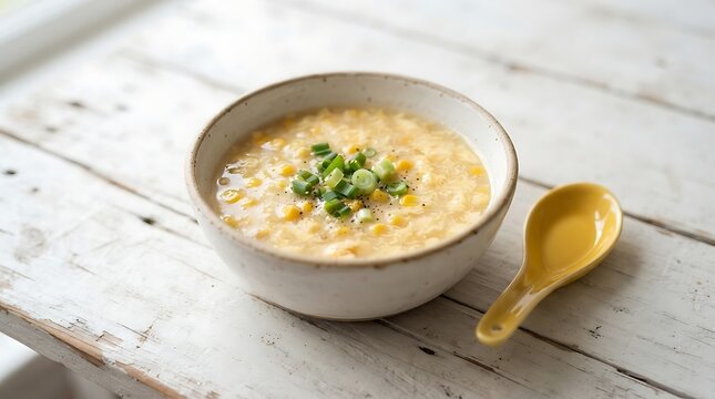 Creamy corn chowder soup in a ceramic bowl with green onions on wooden table