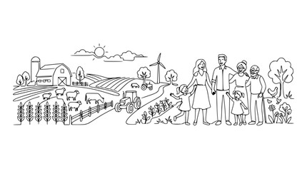 Fototapeta premium Happy multi-generational family standing in a sustainable organic farm landscape line art illustration