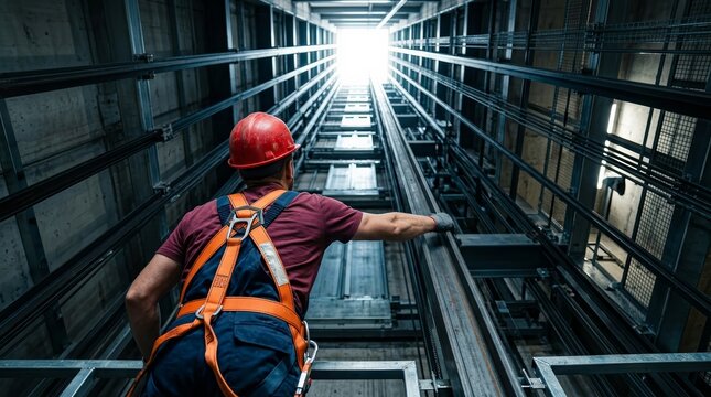 Construction worker in red hard hat and safety harness inspecting elevator shaft.