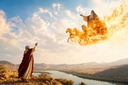 Elijah, the ancient biblical prophet, ascending to heaven in a magnificent fiery chariot, a serene and miraculous divine intervention from the Near East.
