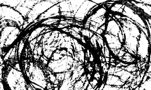 Abstract grunge texture with chaotic black ink brush strokes and circular scribbles isolated on white background