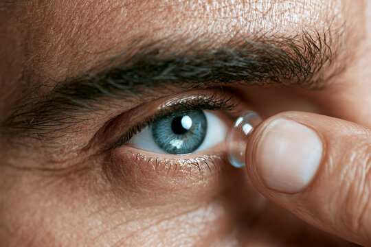 Person inserting contact lens into eye with close-up focus on eye detail