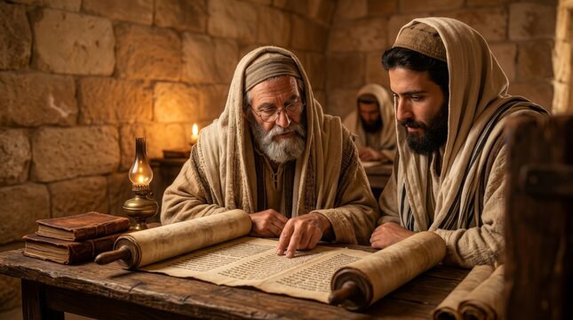 Two bearded jewish men studying ancient torah scroll by candlelight on a wooden table in a traditional setting