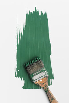 Paintbrush on green paint stroke isolated on white background