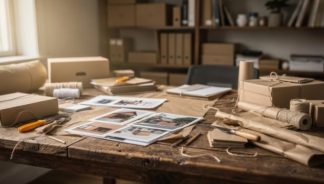 Suburban house publisher workspace featuring a wooden table with printing proofs and scattered packaging materials shelves blurred in the background creating a homey vibe.