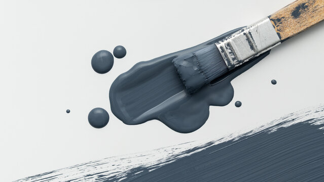 Paintbrush in a puddle of blue paint with drops and brush stroke