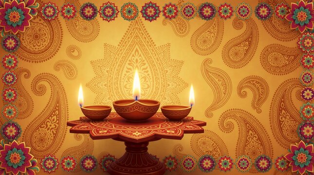 Diwali festival background with golden yellow color. Traditional clay diya lamps with fire flames sit on ornate carved stand. Floral border with paisley patterns decorates rectangular frame. Ethnic