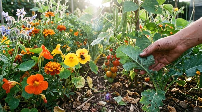 A diligent hand inspects a kale leaf for aphids in a thriving organic garden. This sustainable approach cultivates fresh, healthy produce for a wholesome lifestyle.