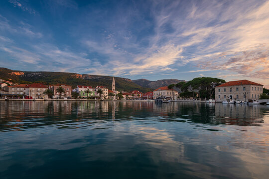 Scenic evening view of Jelsa town waterfront on Hvar Island, Croatia