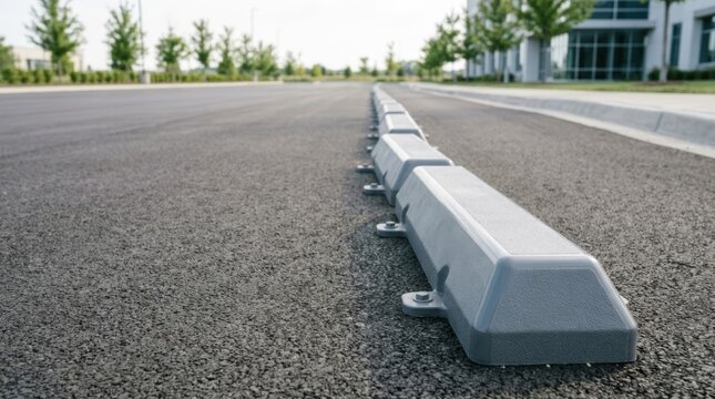 Gray rubber parking bumpers in a straight line on asphalt, precise detail and texture, clean commercial lot