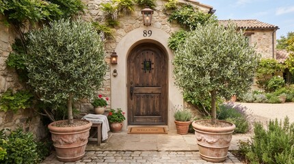 Fototapeta premium Rustic stone house entrance with arched wooden door and two large potted olive trees on a cobblestone path