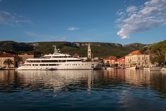 Luxury yacht moored in the historic harbor of Jelsa, Hvar Island, Croatia