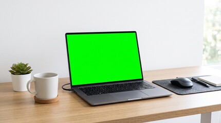 Fototapeta premium Modern Laptop with Green Screen on Wooden Desk Next to Coffee Mug and Plant