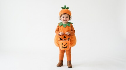 Fototapeta premium Adorable toddler dressed as a pumpkin holding a trick or treat candy bucket on a white background