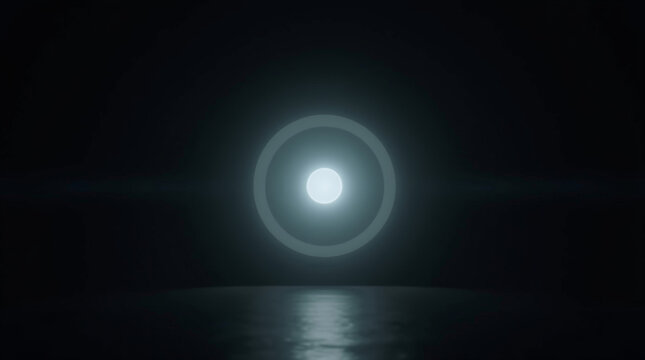Single glowing orb with halo ring reflecting on dark ground surface
