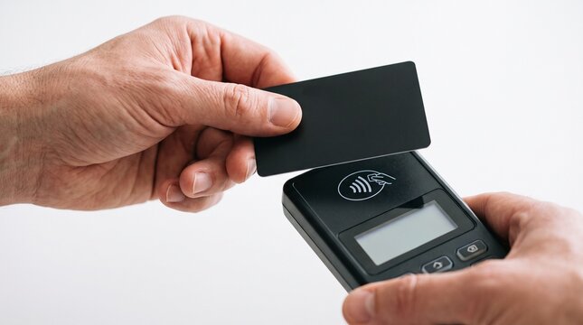 Close up of a person holding a blank black card near a contactless payment terminal with a white background