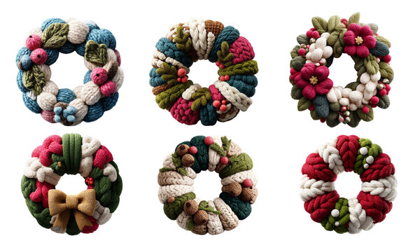 Colorful various knitted Christmas wreaths as a symbol of holiday and New year celebration 