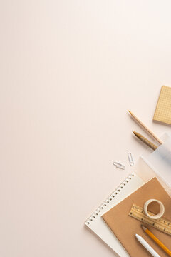 Back to school vertical flat lay with neutral stationery, notebooks, pencils and minimalist study desk setup
