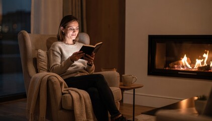 Naklejka premium Elegant lounge corner with a resident absorbed in a book beside a stylish fireplace the warm flames delicately blurred directing attention to the main subject.