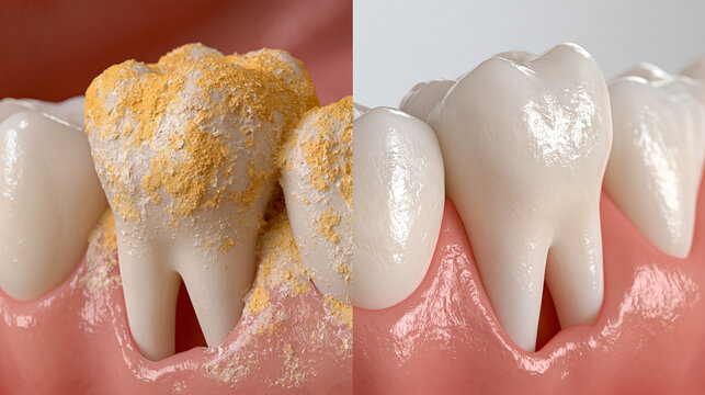 Dental health comparison showing teeth covered in yellow plaque versus clean white teeth. Visual comparison concept for dental care and oral hygiene education.
