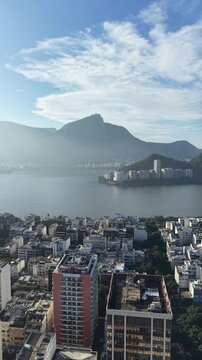 Ipanema, Rio de Janeiro, Brazil, aerial view, drone view, drone footage, bird's eye view, top view, beach, Ipanema beach, Lagoa, Lagoa Rodrigo de Freitas, lagoon, coastline, ocean, Atlantic Ocean, wat