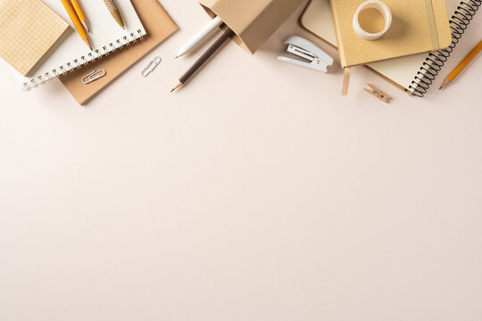 Back to school flat lay with neutral stationery and supplies on a clean desk for study and organization