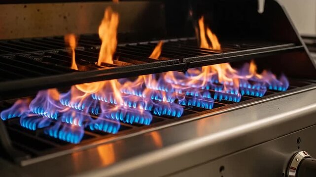 A modern outdoor gas grill with bright blue and orange flames