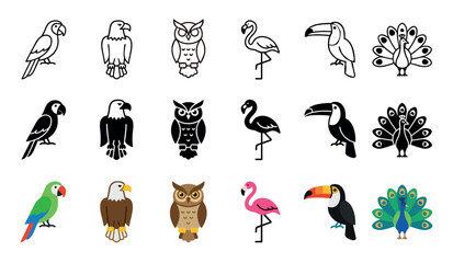 Obraz premium Diverse collection of bird icons featuring parrots, eagles, owls, flamingos, toucans, and peacocks, presented in outline, silhouette, and flat color styles.