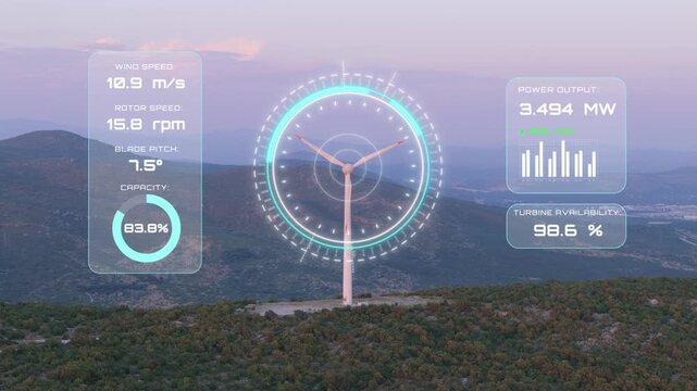 AI Digital Twin Monitoring Wind Turbine with Real Time Renewable Energy Analytics. Graphic visualization