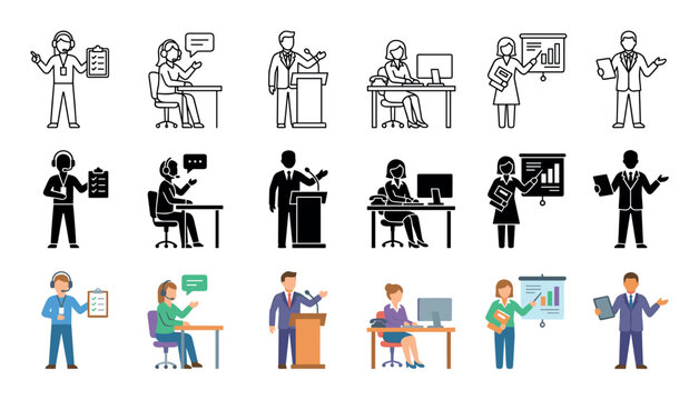 Business people working in various professional roles are depicted in a collection of outline, silhouette, and flat design icons for corporate communication.