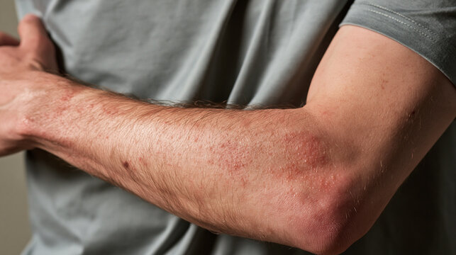 Close-up of a man showing eczema rash on his arm and elbow. Medical health condition concept for dermatology.