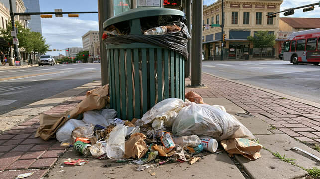 Overflowing public trash can and garbage scattered on a city sidewalk. Concept for urban pollution, waste management issues, and environmental pollution.