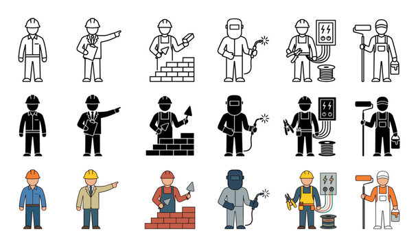Construction workers and skilled tradespeople icons set depicting various labor professions including engineers, bricklayers, welders, electricians, and painters.