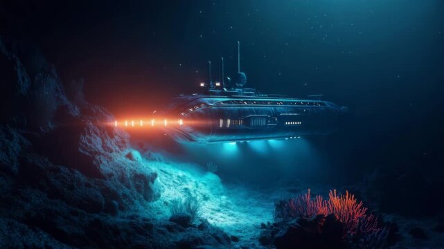 Futuristic Submersible Navigating a Stunning Underwater Coral Landscape