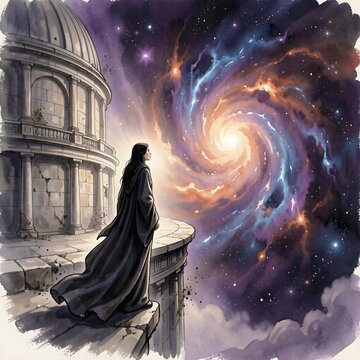 Illustration of a solitary woman stands on the precipice of a colossal, ancient observatory, its structure partially reclaimed by cosmic dust and starlight