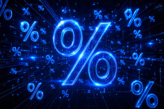 Glowing blue percent symbol floating in digital cyberspace. Online cyber sale concept with virtual data stream. Concept of electronic commerce, big discount and financial technology marketing.