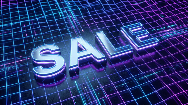 3D sign with text Sale on futuristic neon grid. Cyber monday digital marketing banner. Online shopping and ecommerce electronic discount promotion concept with glowing technology background.