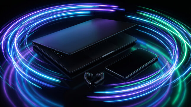 Laptop, smartphone and wireless headphone on dark background with neon light circles. Cyber sale promotion concept. Modern digital gadgets for online shopping during technology event.