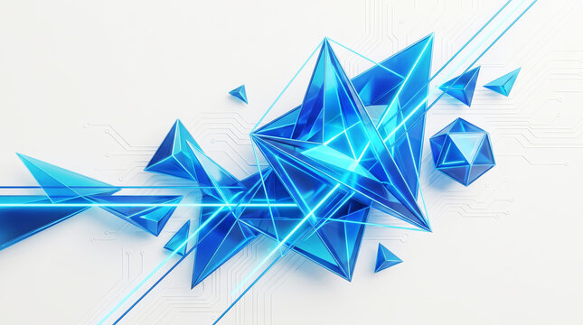 Cyber sale background with abstract blue crystal shards and geometric shapes. Digital technology concept with glowing neon light beams and electronic circuit patterns for online marketing.