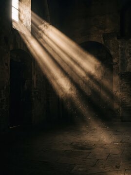 Stunning light rays streaming through a window into a dark and moody old stone room interior