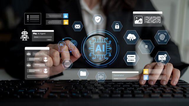 A business professional interacts with a futuristic AI technology interface, showcasing advanced tools for data analysis, automation, and communication in a modern workspace setting. Ledger