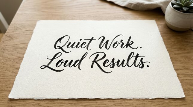 Elegant handwritten productivity quote promoting disciplined work, consistency, and measurable achievement.