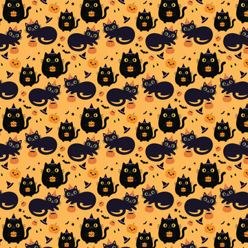 Halloween seamless pattern with black cats wearing witch hats and carrying pumpkin buckets on orange background for festive textile.