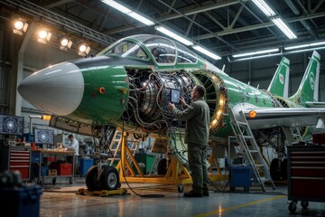 Fototapeta premium Aerospace engineer works on jet engine inside maintenance hangar. Man uses tablet to check plane systems during inspection. Technician maintains modern military aircraft at repair facility.