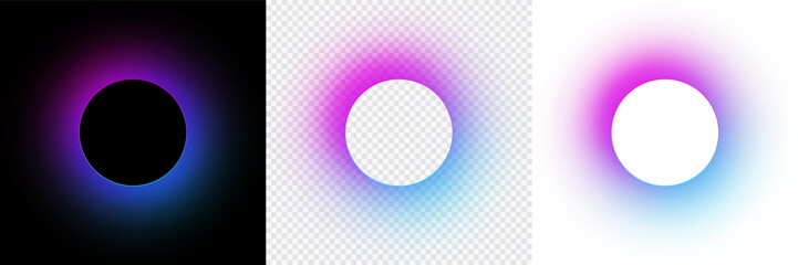 Obraz premium Neon light effect frames isolated on black, transparent, white backgrounds. Blur vibrant color circle borders, bright gradient buttons. Vector glowing blue and purple round borders